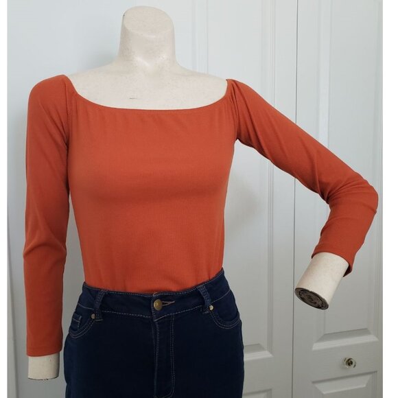 Shein ribbed boat neck bodysuit Large Orange - Picture 2 of 9